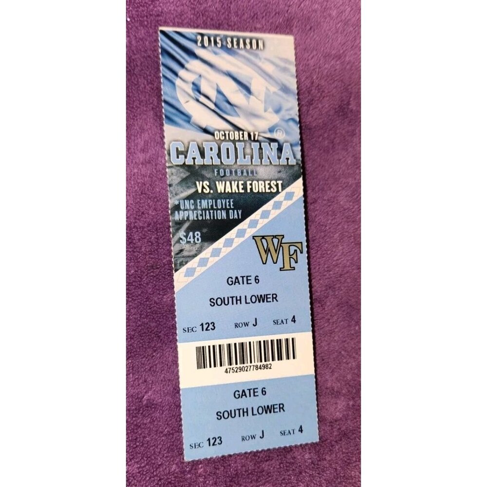 2015 UNC NORTH CAROLINA VS wake forest FOOTBALL TlCKET STUB 10/17/15 123/J/4